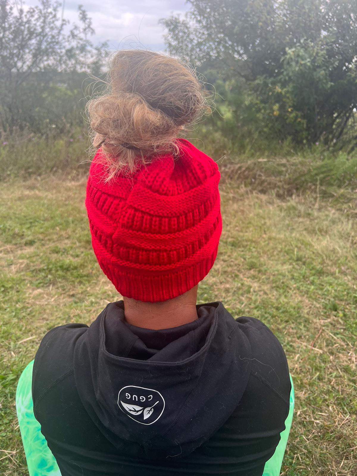 Red Messy Bun Hat